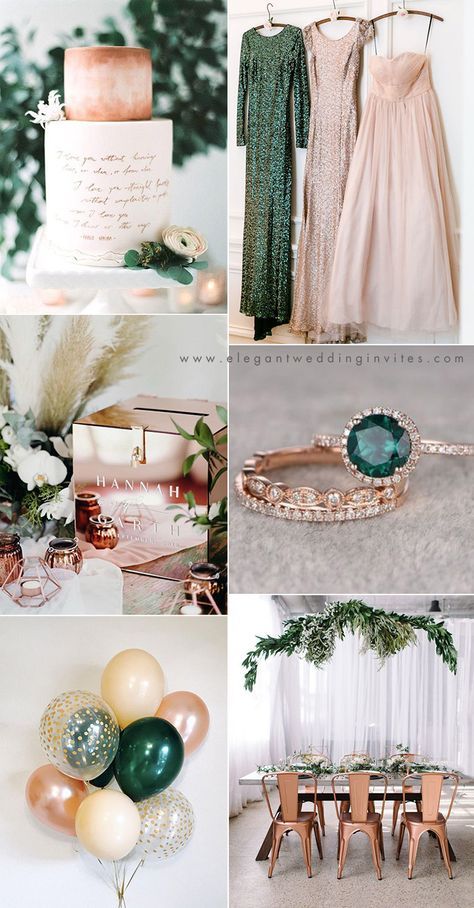 emerald green, rose gold and blush chic modern wedding colors Modern Wedding Colors, Emerald Wedding Colors, Chic Modern Wedding, Gold Ideas, Gold Wedding Colors, Emerald Green Weddings, Emerald Wedding, Green Rose, Rose Gold Wedding