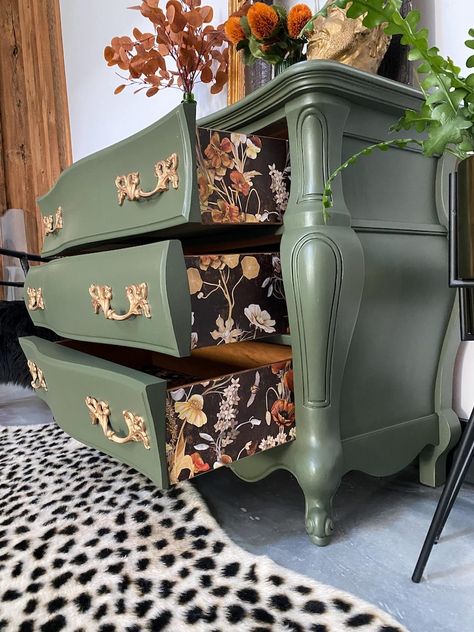 Vintage Serpentine Dresser in Olive Green Paint With Gold Finishes Drawers Floral Wallpaper French Cabinet Whimsical - Etsy Laquer Painted Dresser, Cute Painted Dressers, Dresser Drawer Painting Ideas, Emerald Green Dressers Painted, Cottage Core Dresser Makeover, Green Upcycled Furniture, Painted Chest Of Drawers Ideas Colour, Refinished Armoire Ideas, Refinish Dresser Ideas