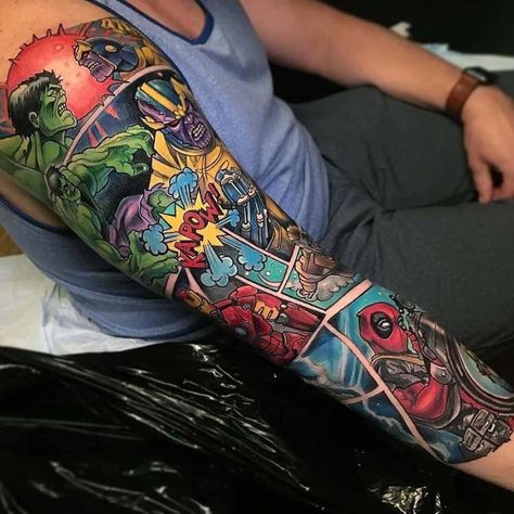 Marvel Tattoo Sleeve, Dc Tattoo, Comic Book Tattoo, Hero Tattoo, Spiderman Tattoo, Avengers Tattoo, Comic Tattoo, Marvel Tattoos, Samoan Tattoo