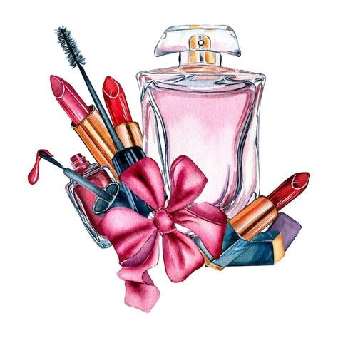 Make up cosmetic perfume watercolor illu... | Premium Photo #Freepik #photo #women-accessories #fashion-art #lipstick #fashion-accessories Makeup Art Drawing, Fashion Accessories Drawing, Cosmetic Drawing, Make Up Draw, Makeup Images Art, Makeup Drawings, Make Up Drawing Illustrations, Cosmetics Art Drawing, Make Up Drawing