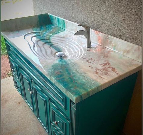 Aqua Bathroom, Resin Countertops, Mermaid Bathroom, Epoxy Countertop, Venetian Plaster, Bathroom Countertops, Plaster Art, Painting Bathroom, Ocean Inspiration