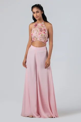 Traditional Crop Top And Pant, Top And Plazo Indian, Plazo With Crop Top Western, Plazo Top Western, Flared Plazo Designs, Blouse And Plazo Set, Plazo And Top Western, Palazoo Sets Crop Tops, Plazo And Top