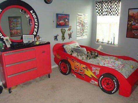 Lightening McQueen cars bedroom Disney Cars Bedroom Decor, Disney Cars Bedroom, Twin Boys Bedroom, Toddler Car Bed, Cool Boys Room, Modern Boys Rooms, Cars Bedroom Decor, Kids Car Bed, Car Themed Bedrooms