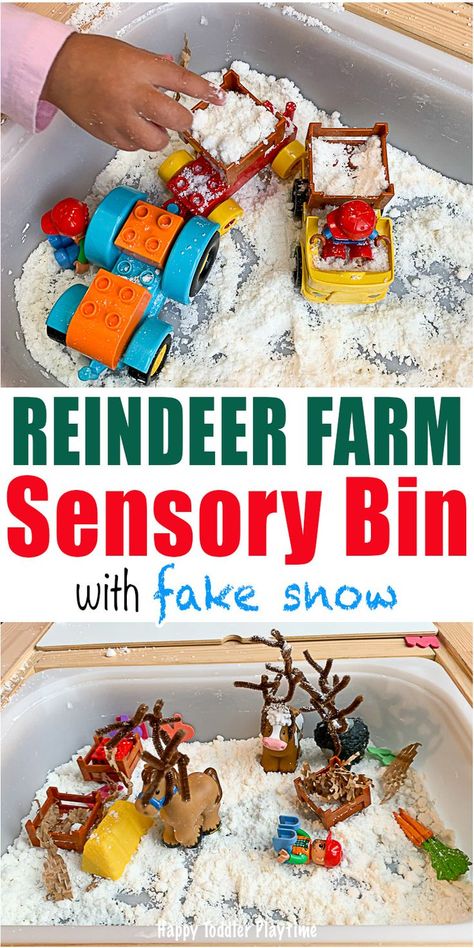 Reindeer Farm Sensory Bin - HAPPY TODDLER PLAYTIME Create an adorable Reindeer Farm sensory bin for your toddler or preschooler using taste-safe fake snow! It's a wonderful winter holiday sensory activity! #sensorybin #sensory #christmasactivitiesforkids Reindeer Sensory Bin, Farm Sensory, Montessori Works, Farm Sensory Bin, Reindeer Farm, Orange Room, Toy Barn, Sensory Activity, Fake Snow