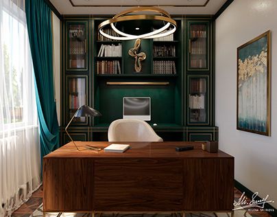 Feminine Home Offices Green, Emerald Home Office, Emerald Office Decor, Dark Green Aesthetic Office, Emerald Green Office Ideas, Emerald Green Office Decor, Office Interior Design Green, Green Gold Office, Green And Gold Office