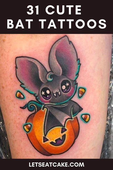 When you're the darkness, but also very smol. These cute bat tattoos are perfect to show off your Halloween spirit and goth aesthetic year round, but they're also too cute to be creepy. #tattoos #halloweentattoos #bats #battattoo Bat Tattoos, Cute Halloween Tattoos, Bats Tattoo Design, Tato Tradisional, Cartoon Bat, Bat Tattoo, Witch Tattoo, Kawaii Tattoo, Raven Tattoo