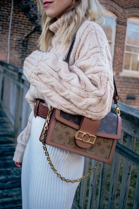 Sweater Skirt Combo, Louis Vuitton Dauphine, Chunky Knit Top, Louis Vuitton Bag Outfit, Louis Vuitton Outfit, Louis Vuitton Dress, Types Of Handbags, Luxury Bags Collection, Louis Vuitton Purse