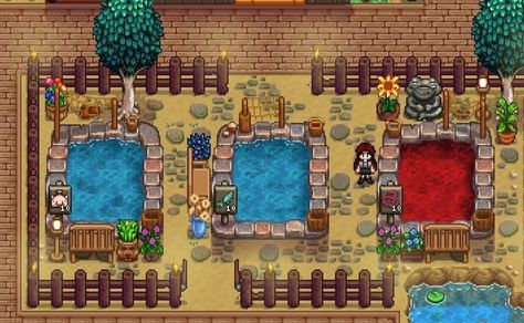 Fish Ponds Stardew Valley, Stardew Fish Pond Layout, Stardew Valley Pond Layout, Stardew Valley Fish Pond Layout, Stardew Valley Pond Ideas, Stardew Valley Pond, Fish Pond Stardew Valley, Stardew Valley Fish Pond, Stardew House