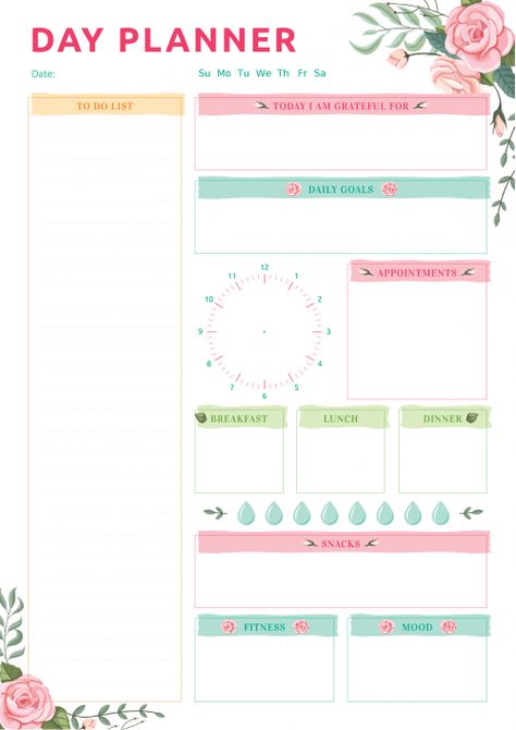 Free Printable Day Planner with Blossom Roses Pattern PDF Download Cute Daily Planner Template, Printable Day Planner, Cute Daily Planner, Daily Planner Printables Free, Undated Daily Planner, Print Planner, Roses Pattern, Daily Planner Pages, Day Planner