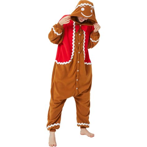 PRICES MAY VARY. FESTIVE DESIGN - This gingerbread man onesie features an adorable gingerbread pattern complete with a hood, red vest pattern, bow tie, and decorative icing details, perfect for spreading holiday cheer COMFORTABLE & COZY - Made from soft, high-quality fleece, this gingerbread costume provides warmth and comfort, the loose fit allows for easy layering over other clothing CONVENIENT FEATURES - Equipped with a button closure for easy wear and removal, and two pockets to store your e Gingerbread Man Costume, Gingerbread Costume, Decorative Icing, Gingerbread Pattern, Fun Christmas, Gingerbread Man, Gingerbread, Pajamas, One Piece