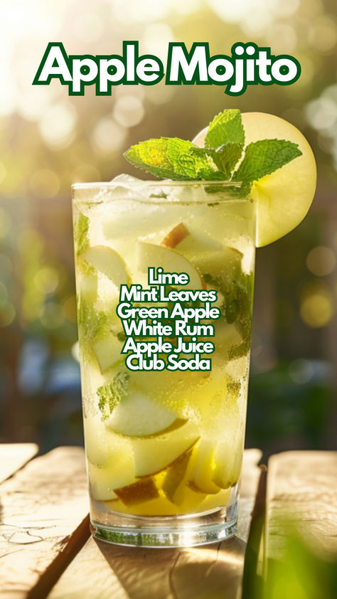 Apple Mojito Cocktail Of The Day, Apple Mojito, Mojito Flavors, Green Apple Mojito, Green Apple Cocktails, Sprite Mojito Recipe, Mojito With Sprite, Original Mojito Recipe, Summer Rum Cocktails