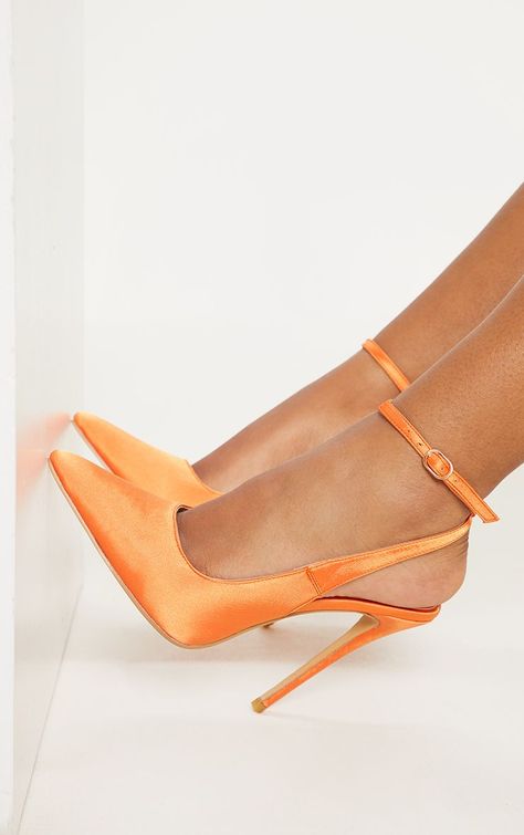 Neon Orange Ankle Strap Court Shoes Orange Dress Shoes, Neon Orange Dress, Orange High Heels, Trendy Heels, Orange Heels, Shoes Heels Classy, Ankle Tie Sandals, Court Heels, Orange Shoes