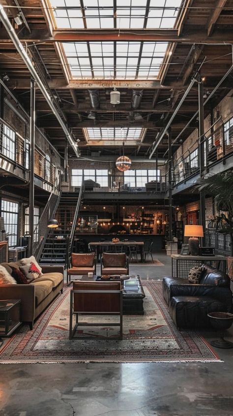 Ny Loft Apartment Industrial, Warehouse Shop Design, Industrial House Aesthetic, Warehouse Living Industrial, Industrial Loft Apartment Warehouse Living, New York Loft Apartment Industrial, Warehouse Home Converted, Warehouse Interior Design, Brick Loft Apartment