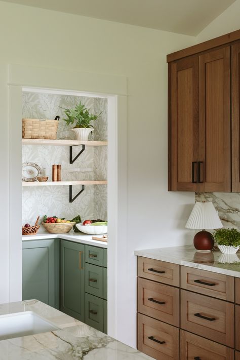 Ranch in the woods — Sunday House Butler Pantry Ideas, Kitchen With A View, Stained Beam, Accessible House, Building Shelves, Two Tone Cabinets, Dirty Kitchen, Ceiling Storage, Pantry Ideas