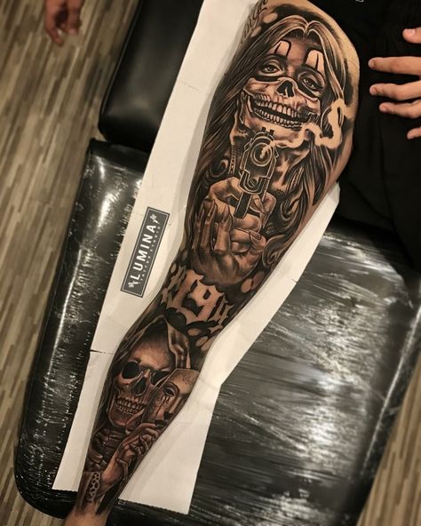 Rip Tattoo, Best Leg Tattoos, Chicano Tattoos Sleeve, Full Leg Tattoos, Skull Sleeve Tattoos, Gangsta Tattoos, Skull Sleeve, 13 Tattoos, Chicano Style Tattoo