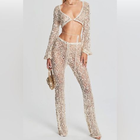 Retrofete Sequin Crochet Set Nwt Brendi Sequin Crochet Top Xs/S - $295 Vera Sequin Crochet Pant Xs/S - $495 Color: Ivory Gold I Purchased For A Bachelorette Trip However, It Didn’t Arrive On Time. Both Are Nwt. They’re Such A Vibe. Perfect For A Festival Or A Beach Vacation. Crochet Pant, Sequin Crochet, Pearl Skirt, Silk Bralette, Australia Clothes, Crochet Pants, Crochet Set, Extra Long Sleeves, Crochet Skirt