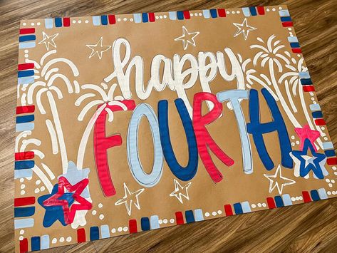 Fourth Of July Banner Painted, Diy Birthday Banner Ideas, Painted Banner Ideas, Fourth Of July Banner, Diy Birthday Banner, Blue Banner, Church Events, Paper Banners, Diy Banner