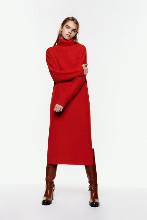 Dresses for Women | ZARA Hungary Zara Embroidered Dress, Vestidos Maxi, Zara Maxi Dress, Long Sleeve Turtleneck Dress, Red Sweater Dress, Sweater Dress Outfit, Dress Knit, Black Dress With Sleeves, High Street Fashion