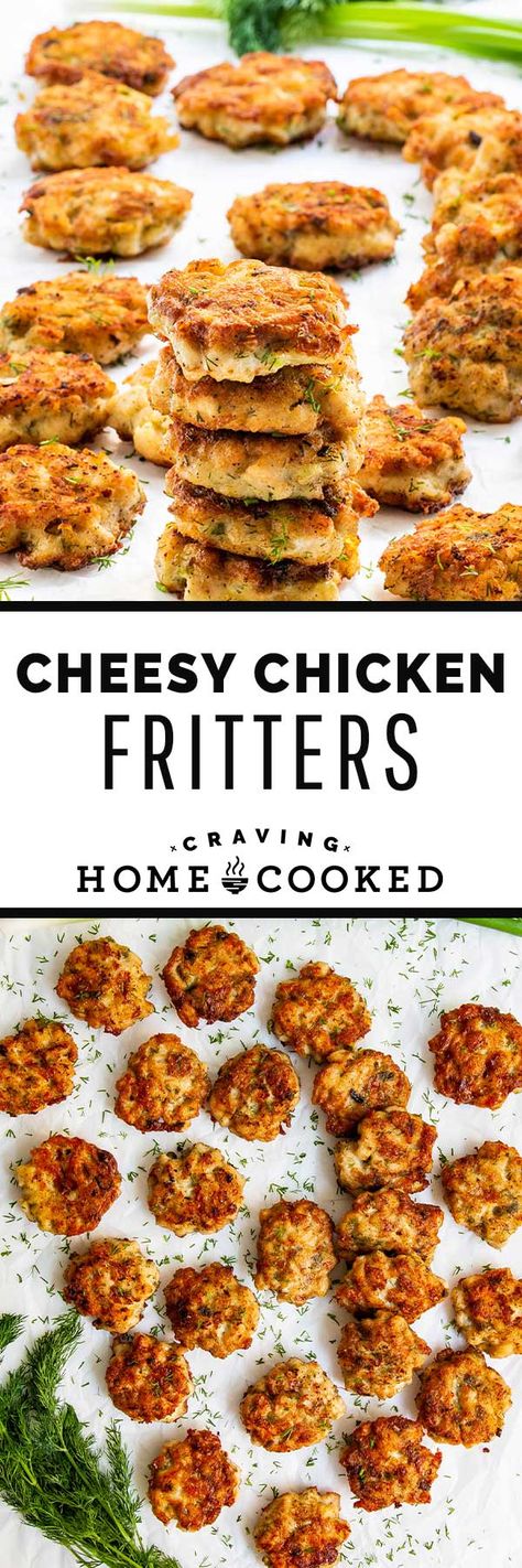 These Cheesy Chicken Fritters are ooey gooey, cheesy little morsels. They've got it all - crunch, moisture, fresh herbs, and some picture worthy cheese pulls. If you've ever felt a little bored with chicken breast, wait till you meet my fritters. #cheese #chicken #fritters Cheesy Chicken Fritters, Chicken Fritters Recipe, Chicken Appetizer, Chicken Fritters, Chicken Keto, Fritters Recipe, Chicken Patties, Patties Recipe, Fritter Recipes