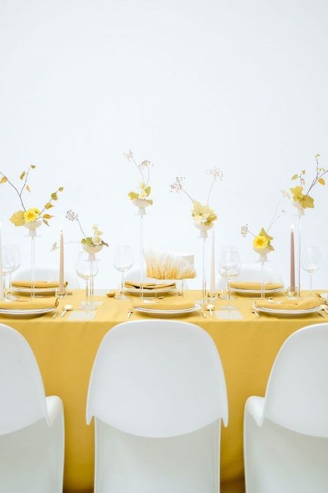 Dusty Blue And Marigold Wedding, Yellow Flowers Table Decor, Yellow Table Decorations, Yellow Table Setting, Yellow Table Decor, Yellow Wedding Decorations, Wedding Reception Tablescapes, Romantic Table Decor, Monochrome Weddings