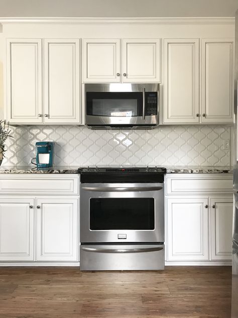 Microwave Above Stove Ideas, Microwave Over The Stove Ideas, Microwave Above Stove, Kitchen Hood Ideas, Microwave In Kitchen, Bathroom Storage Solutions, Stove Oven, White Backsplash, Kitchen Hoods