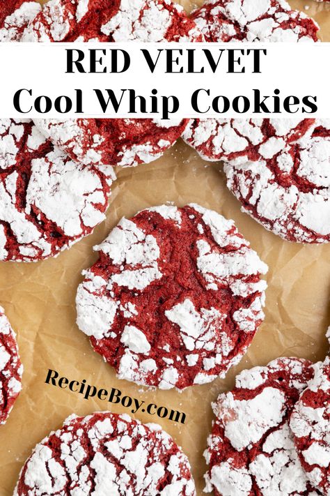 Red Velvet Cool Whip Cookies recipe from RecipeBoy.com Crinkle Cookies Recipe With Cool Whip, Red Velvet Cookies From Cake Mix And Cool Whip, Cool Whip Chocolate Cookies, Cake Mix Cookies 3 Ingredient Red Velvet, 4 Ingredient Cool Whip Cookies, Cool Whip Red Velvet Cookies, Red Velvet Cookies With Cool Whip, 3 Ingredient Red Velvet Cookies, Red Velvet Cookie Recipes Easy