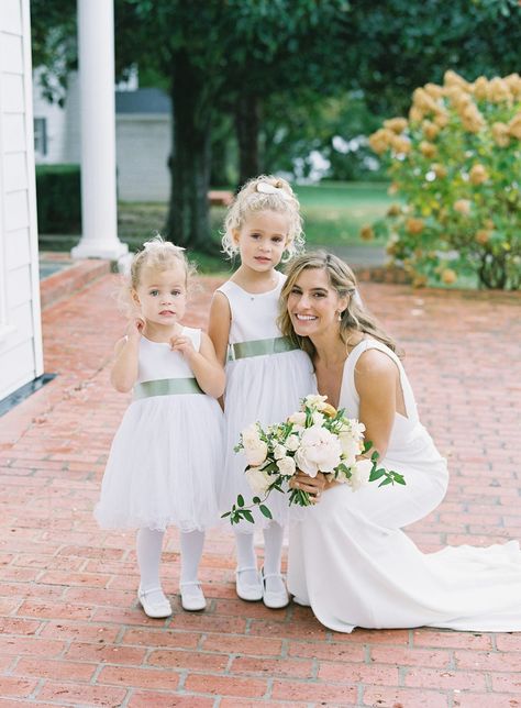 lauren alex wedding flower girls with bride Flower Girl Dresses Sage Green, Flower Girl Sage Green, Flowergirls Dress, Sage Green Flower Girl Dress, Sage Flower Girl Dress, Castle Wedding Venues, Flower Girl Inspiration, Green Flower Girl Dresses, Wedding Castle