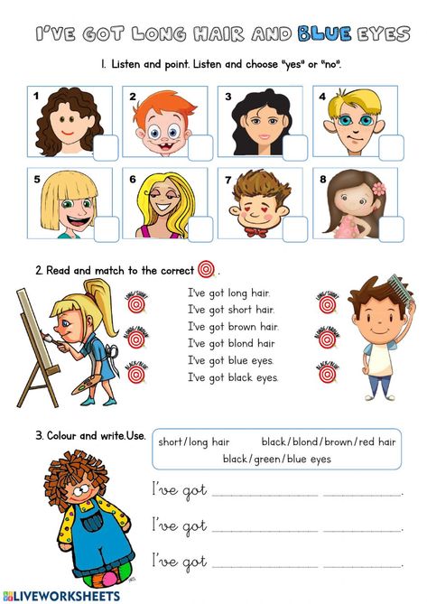 Describing people online activity for Grade 1-2. You can do the exercises online or download the worksheet as pdf. Describing People Worksheet For Kids, Describing People Worksheet, Describing Hair, Appearance Worksheet, Describing People, Describing Words, English Language Course, English Games, English Worksheets For Kids