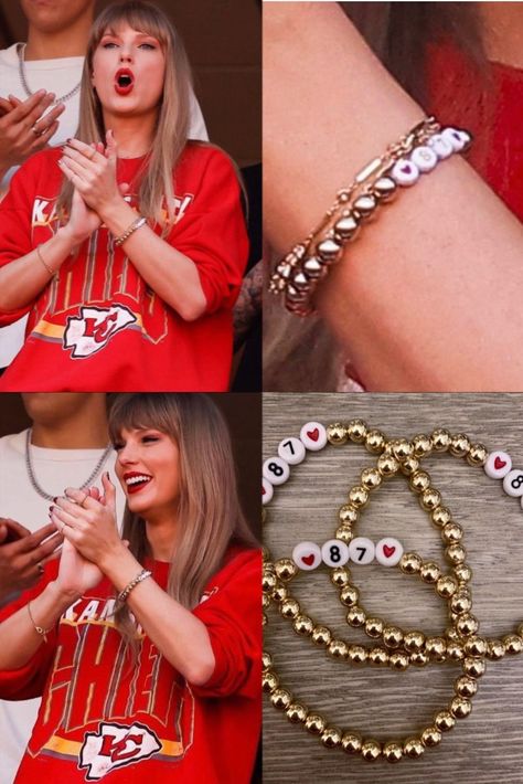 Join us in celebrating Taylor Swift and Travis Kelce's love story as she accentuates their bond by wearing a special friendship bracelet with his sweater. #TaylorSwift #TravisKelce #FriendshipBracelet #SupportivePartner #CelebrityLove #RelationshipGoals #SpecialConnection #LoveAndSupport #SentimentalGesture #CelebCouples #FashionStatement #AffectionateBond #LoveStory #CelebrityFashion #HeartwarmingMoment #PartnersInLove #RelationshipSymbols #CelebritySupport #Unity #EmotionalConnection Taylor Swift Travis Kelce Bracelet, Travis Kelce Taylor Swift Friendship Bracelet, Taylor Swift Travis Kelce Cookies, Travis Kelce Bracelet, Travis Kelce Friendship Bracelet, Tnt Bracelet, Taylor Swift And Travis Kelce Kissing, Taylor Swift And Travis Kelce Together, Taylor And Travis Kelce