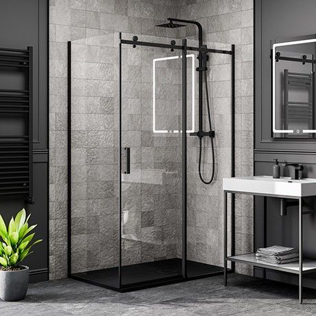 Shower Box Design, Black Shower Base, Shower Tray Ideas, Black Shower Enclosure, Black Shower Door, Sliding Door Shower, Frameless Sliding Doors, Black Shower Tray, Rose Shadow