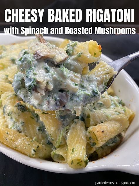 Rigatoni Recipes Mushroom, Spinach Rigatoni Bake, Creamy Mushroom Rigatoni, Baked Rigatoni With Ricotta, Baked Rigatoni With Cottage Cheese, Mushroom Rigatoni, Cheese Pasta Bake, Spicy Mushroom, Meatless Pasta