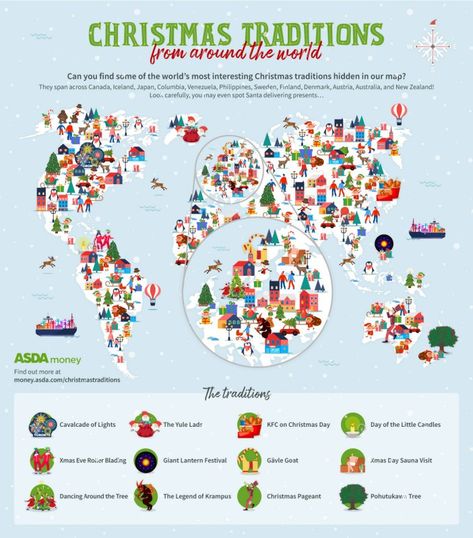 Can you spot Santa hiding in a world map of Christmas traditions from around the world? An estimated two billion people across the globe celebrate Christmas each year in unique and wonderful ways. Different countries have different traditions – from rollerblading in Venezuela to having a giant lantern festival in the Philippines, or even eating […] Festival In The Philippines, Giant Lantern, Christmas Traditions Around The World, Church Christmas Party, St Nicholas Day, Christmas Around The World, Christmas Pageant, Celebration Around The World, Lantern Festival