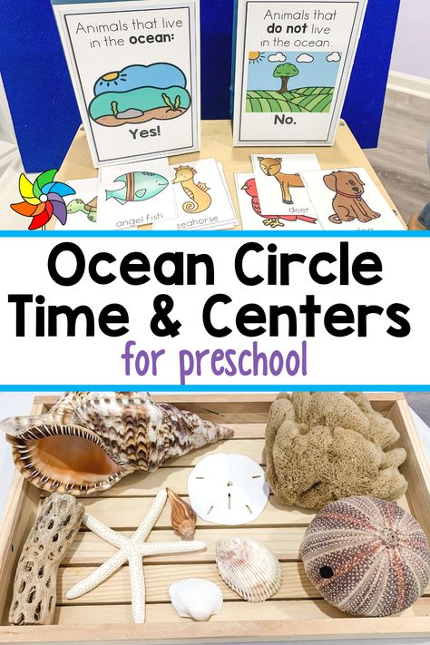 Many preschoolers are fascinated by the ocean. Here, you'll find ideas for ocean themed circle time, play centers, and small group activities. Ocean Science Center Preschool, Under The Sea Ideas For Preschool, Beach Circle Time Activities, Ocean Centers Preschool, Ocean Circle Time Activities Preschool, Preschool Sea Animals Activities, Preschool Under The Sea Activities, Ocean Dramatic Play Preschool, Ocean Preschool Theme