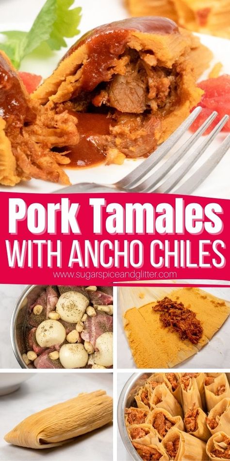 Easy Pork Tamales are a flavourful and satisfying dish hailing from the Michoacana region of Mexico. They feature a rich corn dough surrounding melt-in-your-mouth, slow cooked pork shoulder filling, all smothered in an easy homemade ancho chili sauce. Red Tamales Recipe Pork, Meat For Tamales Pork, Instapot Tamales Pork, Spicy Pork Tamales Recipe, Pork For Tamales Crock Pot, Red Sauce For Tamales Pork, Pork Tamales Recipe Easy, Pork For Tamales, Pork Tamales Recipe Authentic