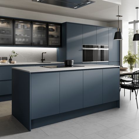 Modern Kitchen Colours Grey, Modern Kitchen Design No Handles, Navy Kitchen Grey Worktop, Blue Kitchen With Black Appliances, Grey Kitchen With Grey Floor, Kitchen Blue And Grey, Kitchen Black Glass Cabinets, Blue Contemporary Kitchen, Blue Handless Kitchen