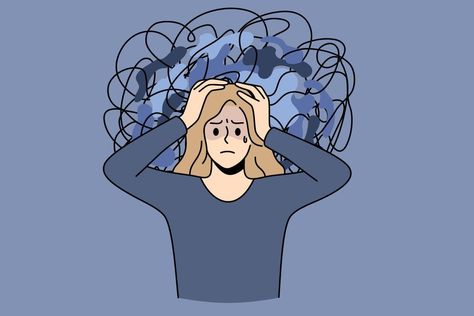 Chaos and mess in mind concept. Frustrated young stressed girl standing touching head having messy thoughts and no clearance in mind vector illustration Messy Thoughts, Mental Health Artwork, Woman With Blue Eyes, Hand On Head, Emotion Faces, Emoji Set, Comic Face, Illustration Story, Face Icon