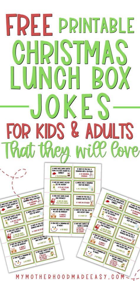 15 Funny Christmas Jokes for Kids Lunch Box Notes [FREE Printable] – My Motherhood Made Easy Free Printable Christmas Lunch Box Notes, Free Christmas Jokes Printables, Free Printable Lunchbox Jokes, Christmas Kid Jokes Funny, Christmas Lunch Notes Free Printables, Elf On The Shelf Lunch Box Notes, Printable Lunch Box Notes For Husband, Christmas Lunchbox Jokes For Kids, Free Printable Christmas Jokes For Kids