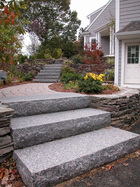 granite stanstead steps Front Porch Garden Ideas, Granite Steps Design, Granite Steps Front Door, Granite Steps Stairs, Entrance Addition, Porch Steps With Railing, Porch Steps With Landing, Granite Entrance Steps, Steps Design Interior Stairs Granite