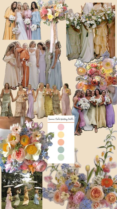 Wild Flower Wedding Palette, Wedding Aesthetics Color Schemes, Spring Color Wedding Theme, Mixed Color Bridesmaid Dresses Spring, Wedding Ideas Summer Colors, Brides Maids Color Schemes, Mismatched Bridesmaid Dresses Floral, Mix Match Bridesmaid Dresses Spring, 2026 Wedding Colors