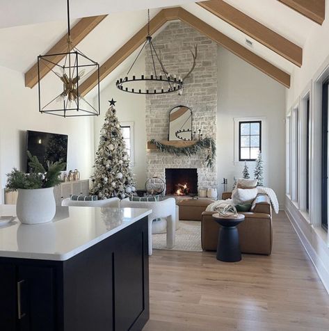 Ceiling Beams Living Room, Cathedral Ceiling Living Room, Beams Living Room, Barn House Interior, Vaulted Ceiling Living Room, Brick Fireplace Makeover, Barn Style House Plans, Barn Style House, Residential House