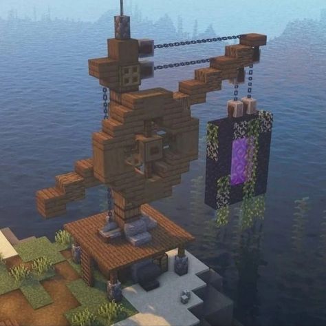 Minecraft House Boat Ideas, Minecraft Fisherman Hut Interior, Minecraft Dock Ideas Aesthetic, Minecraft Building Ideas Lighthouse, Fishing Minecraft Ideas, Minecraft Anchor, Minecraft Building Ideas Beach, Minecraft Fishery, Minecraft Crane Design