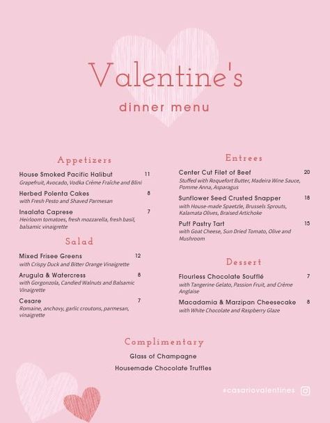 Pink Valentines Day Dinner Menu Fall Dinner Menu, Dinner Menu Template, Diner Menu, Orange Vinaigrette, Halloween Menu, Beef Filet, Puff Pastry Tart, Fall Menu, Mushroom Salad