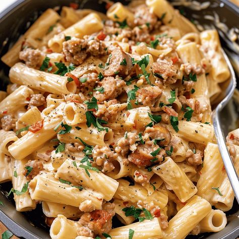 Rich and creamy Tuscan sausage pasta with sun-dried tomatoes and spinach. Quick and easy weeknight dinner ready in 30 minutes. Italian Sausage Alfredo Pasta, Creamy Tuscan Sausage Pasta, Tuscan Sausage Pasta, Sausage Alfredo Pasta, Tuscan Sausage, Sausage Pasta Recipe, Sausage Spinach Pasta, Smoked Sausage Pasta, Tuscan Pasta