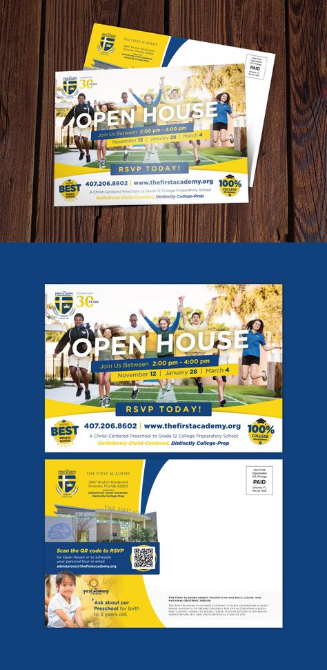 Open House Postcard for The First academy | 99designs College Postcard Design, Postcard Mailer, Open House Flyer, School Open House, House Poster, Card Design Template, College Prep, Business Card Template Design, Postcard Design