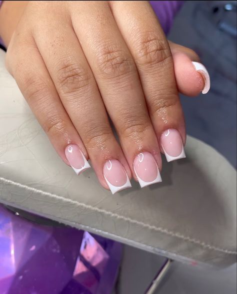 Nail Ideas 2023 Short Nails, Different Type Of French Tip Nails, Short French Tip Acrylic Nails With Heart, Small Nails French Tip, White French Tip Nails With Pink, Birthday Oval Nails, Nurse Nail Ideas, Shorts Square Nails, Short Frenchies Acrylic Nails