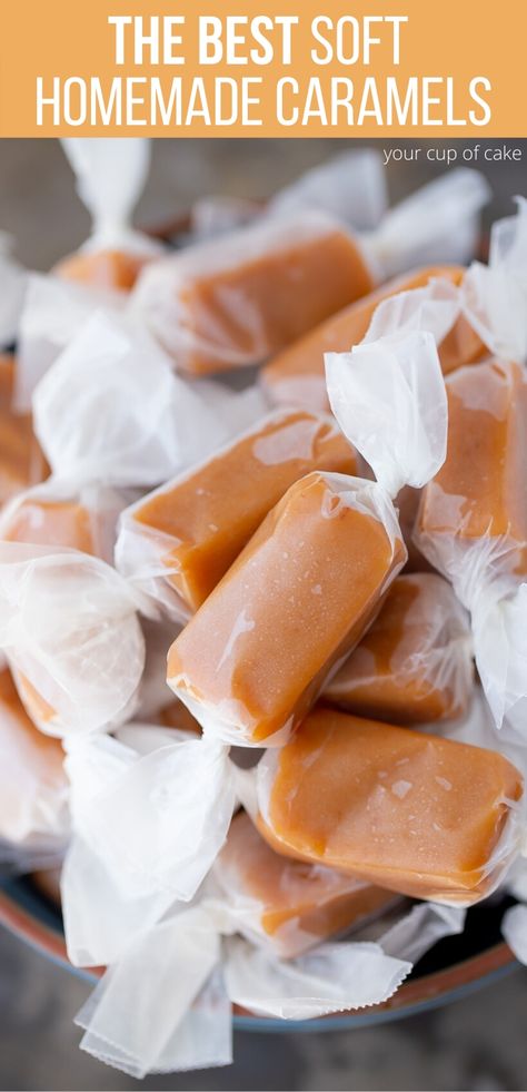 My FAVORITE treat to bring to neighbors every year. These caramels are so soft and buttery! Easy to make too! Soft Caramels Recipe, Carmel Recipe, Homemade Caramel Candy, Homemade Caramel Recipes, Homemade Caramels, Candy Recipes Homemade, Christmas Candy Recipes, Soft Caramel, Caramel Candy