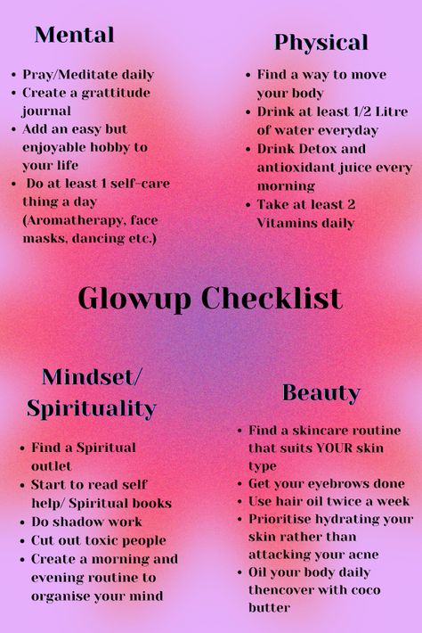 Glowup Checklist, It Girl Era, Glowup Aesthetic, Antioxidant Juice, Self Love Aesthetic, Glowup Tips, Glow Up Checklist, Aesthetic Spiritual, Spiritual Tips