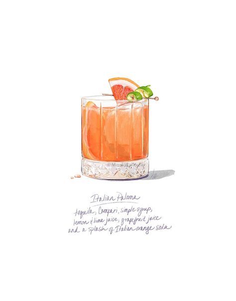 "8\"x8\" print of illustrated Italian Paloma cocktail. Perfect for wedding signature cocktail sign, your kitchen wall or bar cart decor. Custom work also available if interested: I would love to collaborate with you! Custom printed illustrations also available, starting at $250 and up, with payment due at start of project. Final illustrations will be delivered as printed works on archival fine art Aquarelle paper, unmounted and unframed. All images are copyrighted by Maria Erikson and may not be reproduced without permission. I reserve the right to offer additional prints of my illustrations available for purchase on my sites.  For more information go to mariaerikson.com or inquire via message here. Printed on 100% Arches Aquarelle cotton paper with a watercolor texture and matte finish wi Paloma Cocktail Drawing, Signature Cocktail Wedding, Illustration Food Art, Paper Plane Cocktail, Cocktail Watercolor, Bar Illustration, Cocktail Prints, Grapefruit Cocktail, Paloma Cocktail