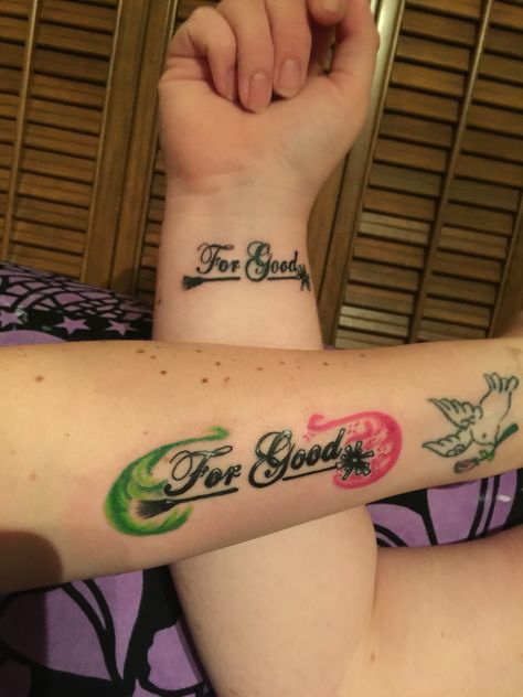 Wicked best friend tattoos Matching Wicked Tattoos, Wicked Inspired Tattoos, Wicked The Musical Tattoo, Wicked Tattoo Designs, For Good Tattoo Wicked, For Good Tattoo, Elphaba Tattoo, Wicked Tattoo Ideas, Wicked Tattoos Musical