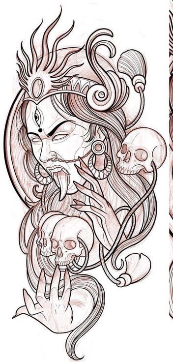 Kali Tattoo Design Art, Kali Tattoo Design, Goddess Kali Tattoo, Durga Tattoo, Tattoo Indien, Kali Sketch, Goddess Tattoos, Kali Tattoo, Hindu Tattoos